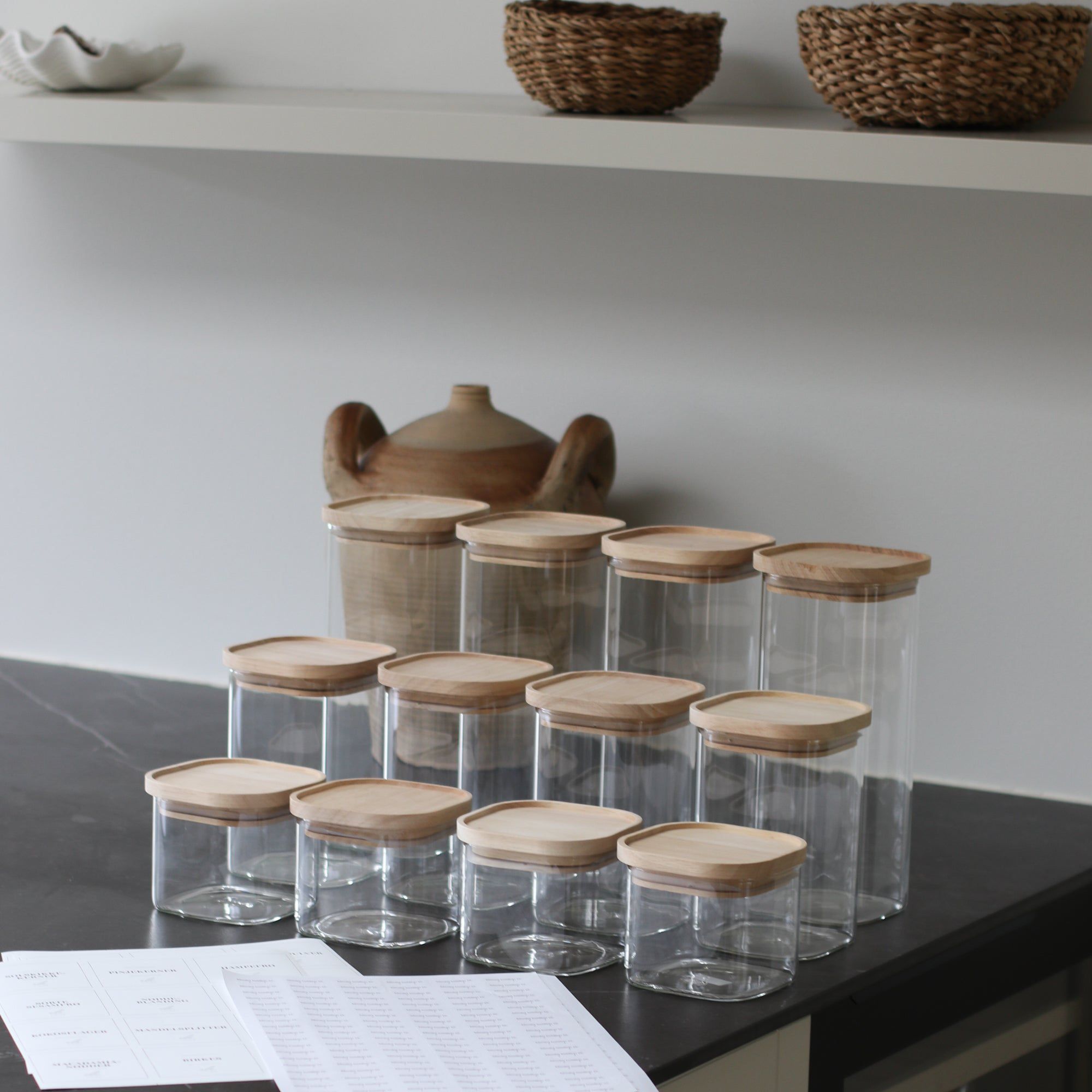 Pakkeløsning Pakkeløsning opbevaringsglas firkantet lys trælåg aestetisk ele living
