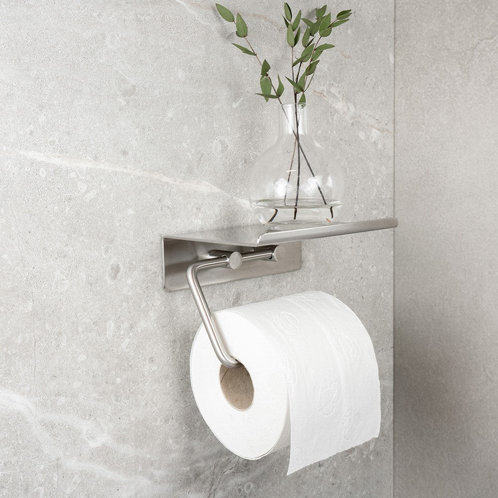 Toilet roll holder w. shelf - Brushed Steel